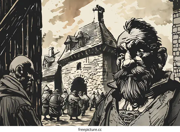 Medieval Fantasy Illustration of People Standing in Front of a Gate