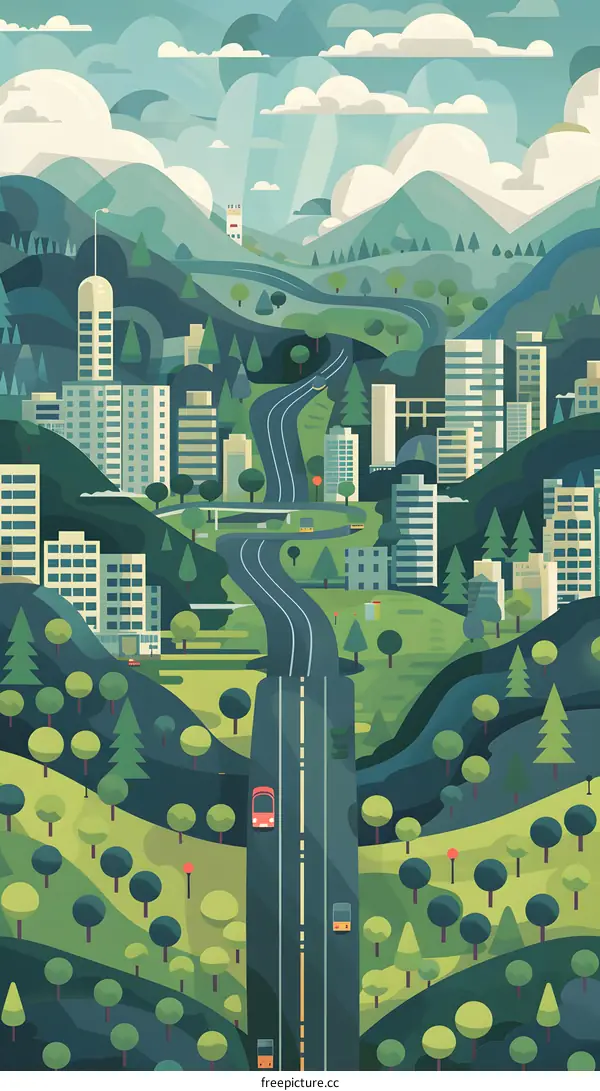 Cityscape with Mountain Background and Winding Road