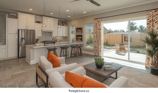 Modern Open-Plan Kitchen Living Room with Patio View