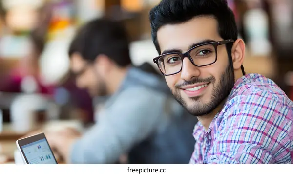Smiling Man Wearing Glasses in a Cafe