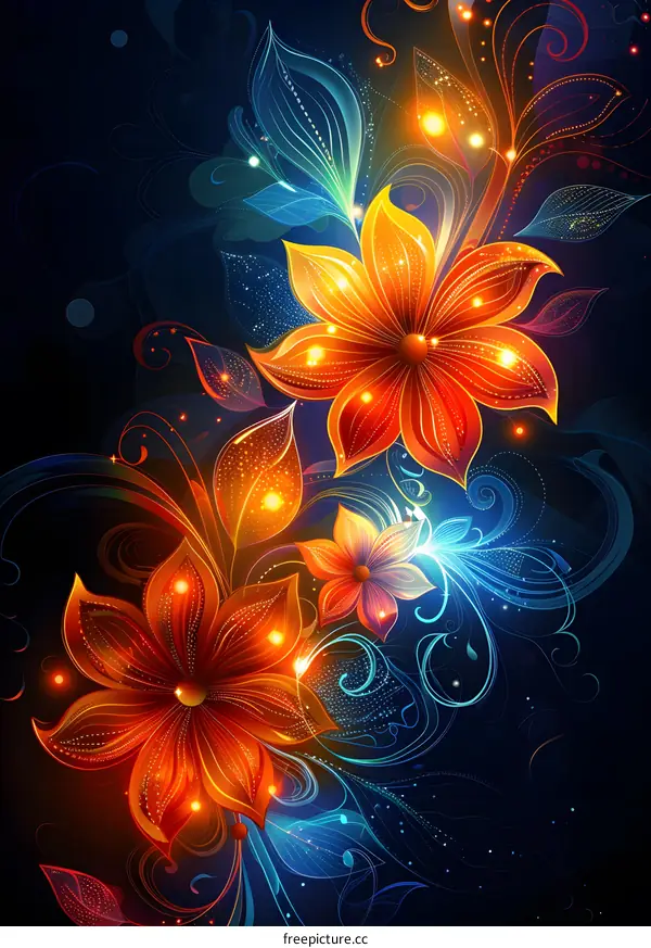 Glowing flowers with blue and orange petals