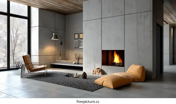 Modern Concrete Living Room with Fireplace and Furniture