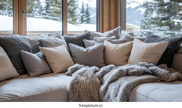 Cozy Winter Living Room with Plush Pillows and Blankets