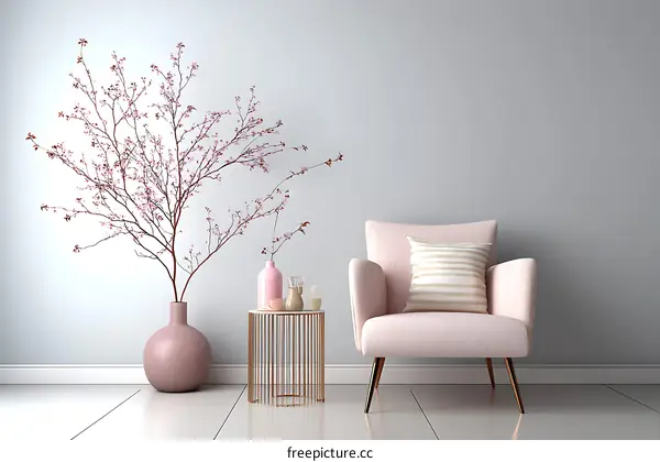 Pink Armchair in a Modern Living Room with Cherry Blossoms