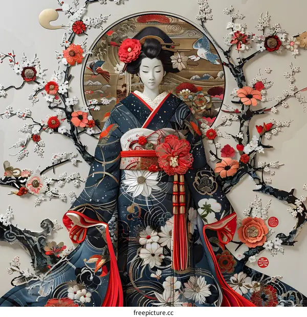A woman wearing a kimono with a cherry blossom pattern stands in a garden of cherry blossoms.