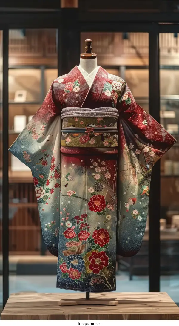 A kimono with a floral pattern and a red background