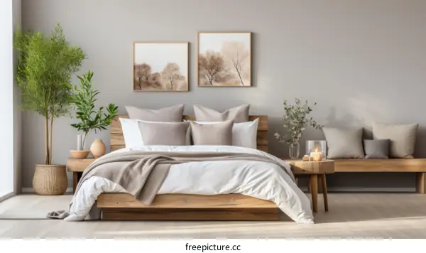 Neutral colors Beige Bedroom with Wood Accents