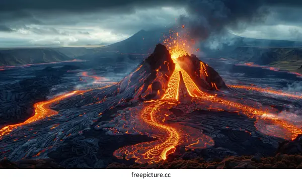 Lava Flowing Down a Mountainside During a Volcanic Eruption