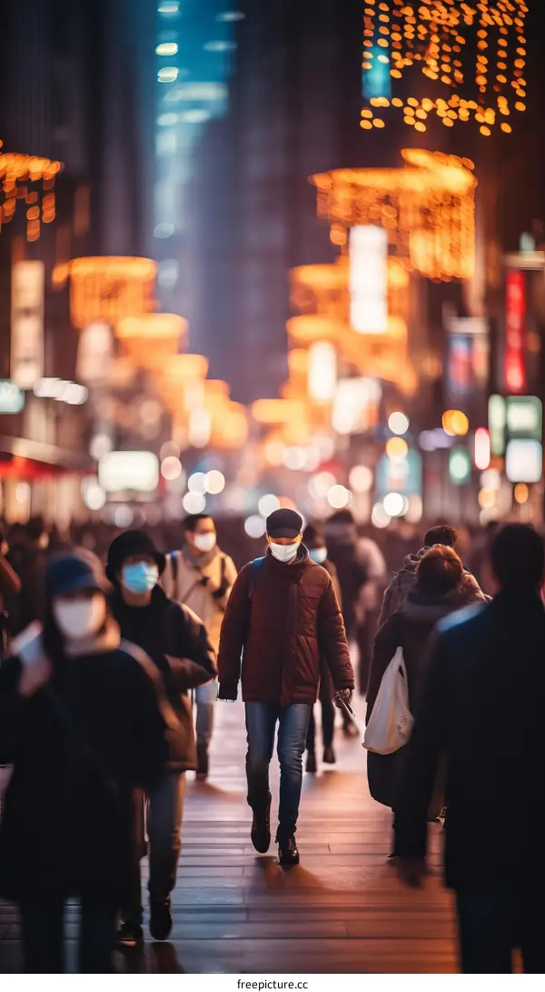 Crowded city street with people wearing masks