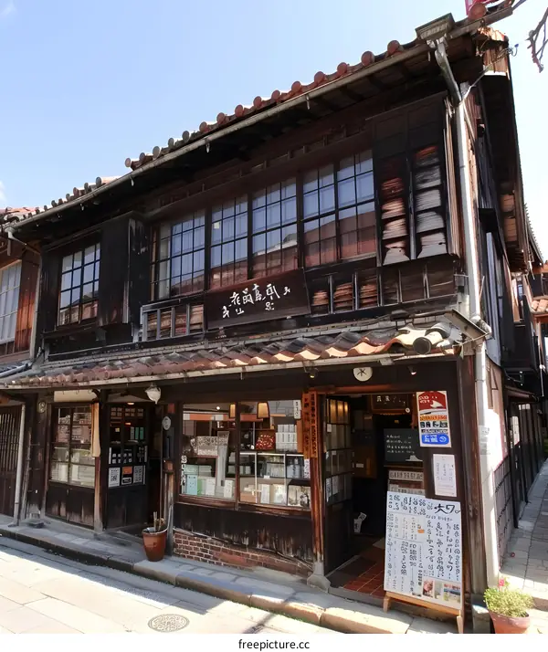 Traditional Japanese Wooden Building Shop With Signboard