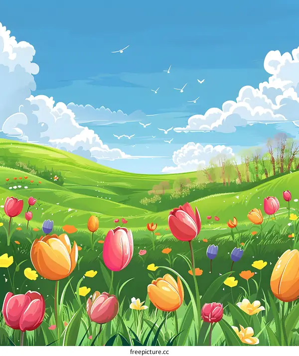 Beautiful Spring Meadow with Colorful Tulips