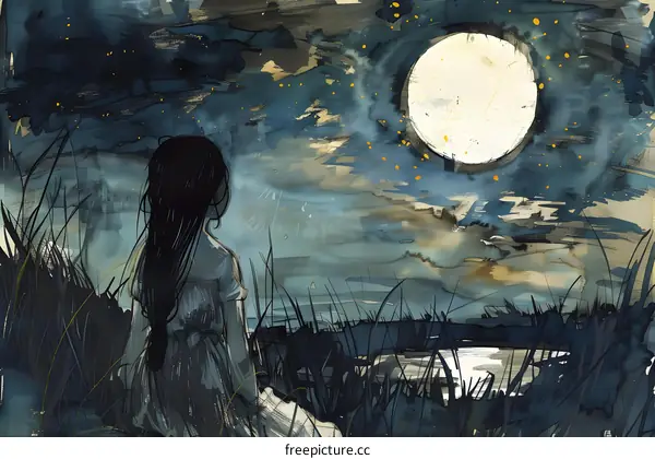 Watercolor Painting of a Woman Silhouetted Against a Full Moon