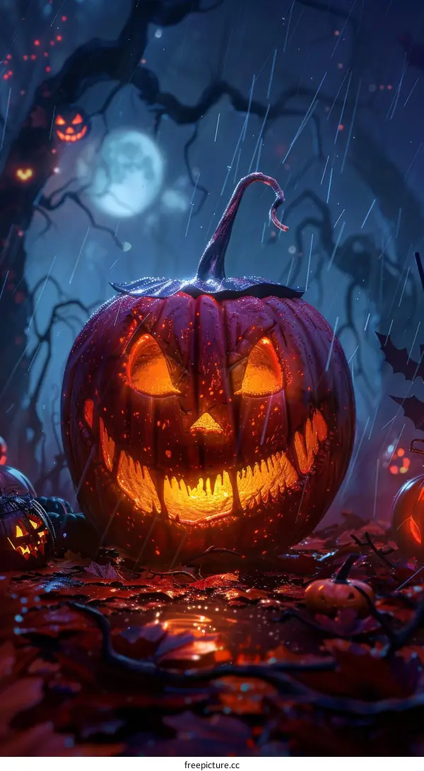 Halloween Pumpkin Glowing in a Dark Forest