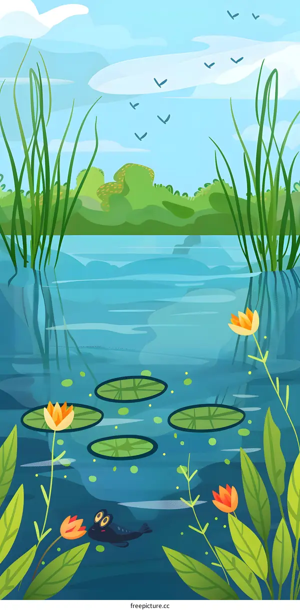 Cartoon Illustration of a Lake with Lily Pads and a Frog