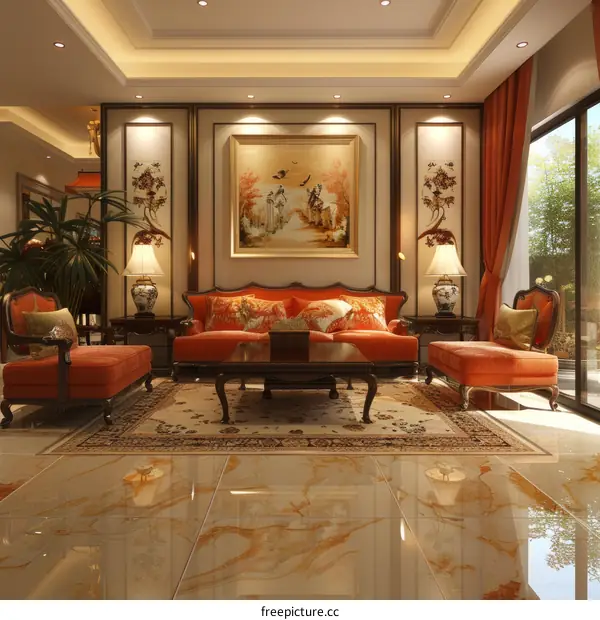 Luxury living room interior with orange sofa and coffee table
