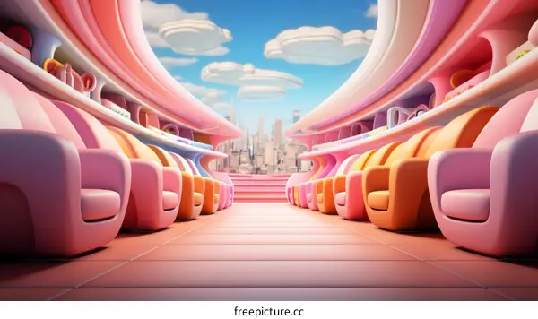 A surreal illustration of a city with pink and blue buildings