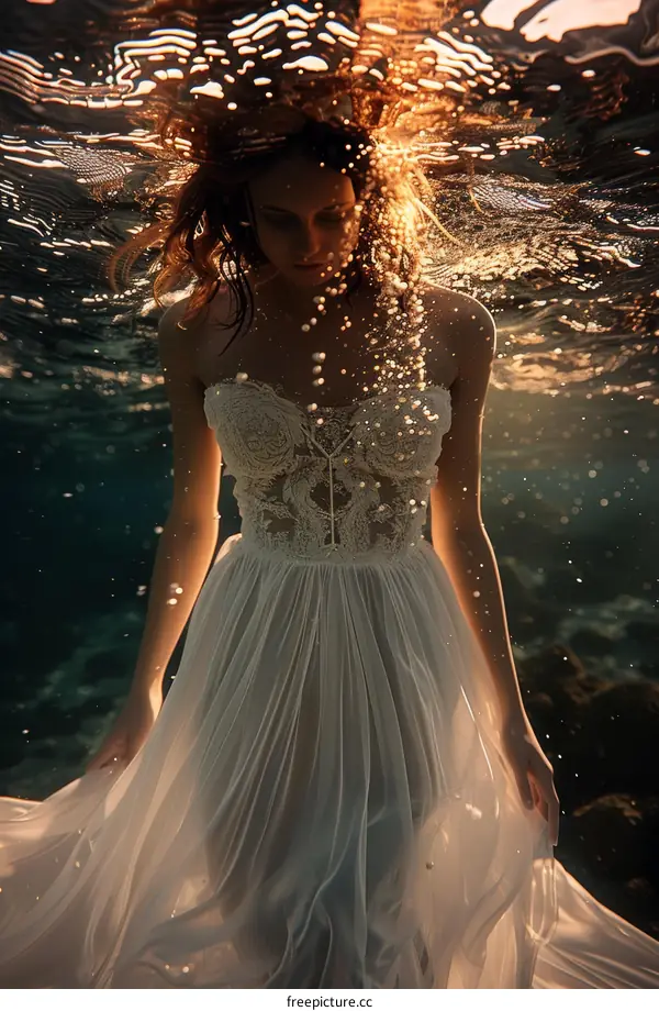 Woman in White Dress Submerged Underwater with Sunlight