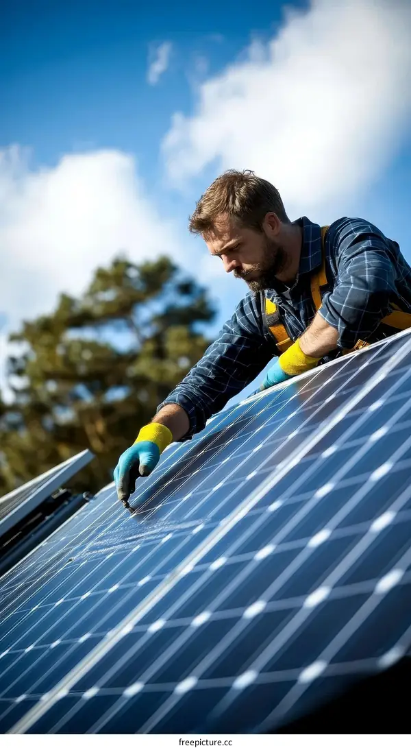 Worker Installing Solar Panels on a Roof
