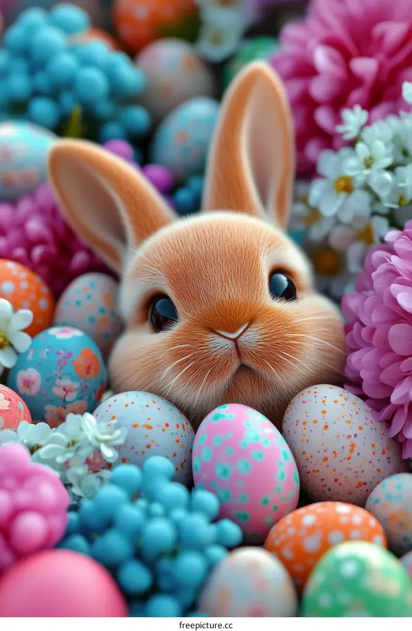 Cute Easter Bunny in Colorful Eggs and Flowers