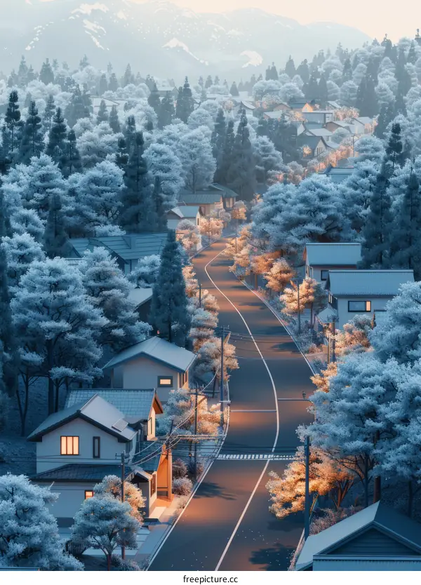 Japanese Village Street Under Snow in Winter