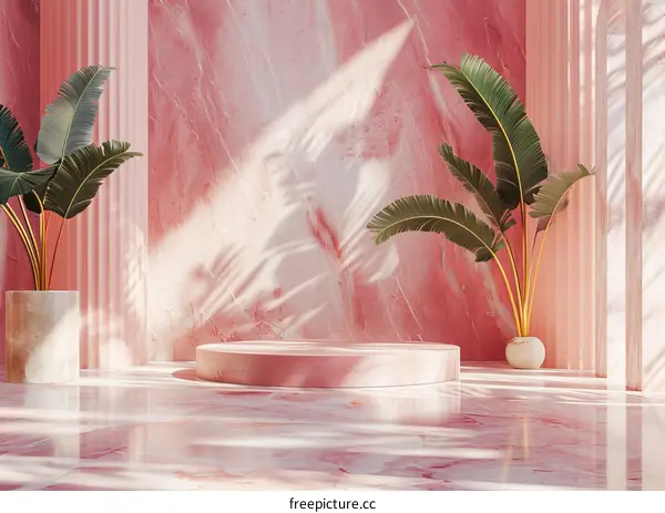 Pink Marble Podium Display with Tropical Plants
