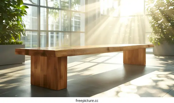 Wooden bench in a modern office building with large windows