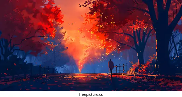 A Single Figure Walks Through a Forest of Red Leaves During Fall