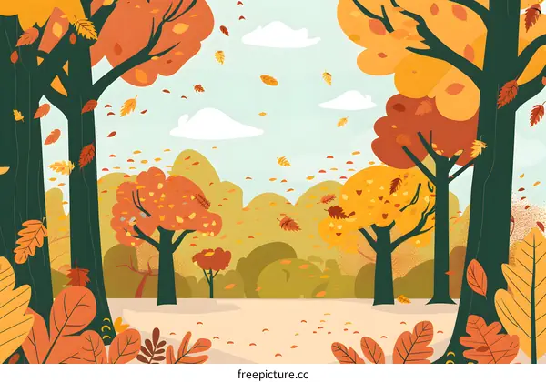 Autumn Forest Illustration with Falling Leaves