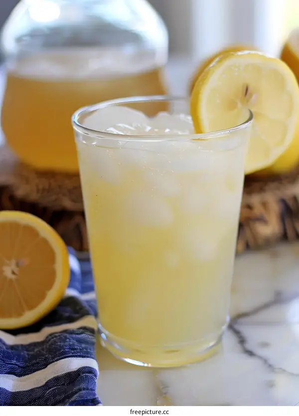 Glass of Lemonade with Ice and Lemon Slices