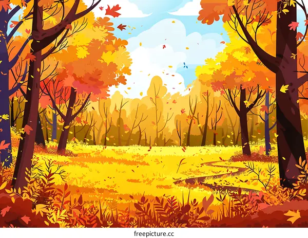 Autumn Forest Landscape With Colorful Trees And Falling Leaves