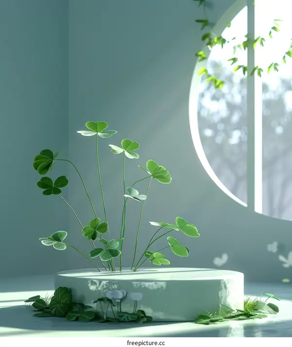 3D rendering of a green plant on a podium with a circular window in the background