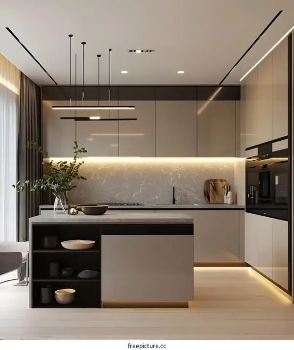 Modern Kitchen Interior Design with Grey Cabinets and Island