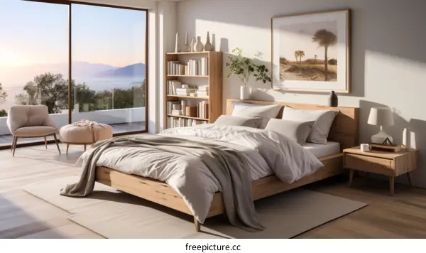 Modern bedroom interior with a large bed, a bookshelf, and a view of the sea