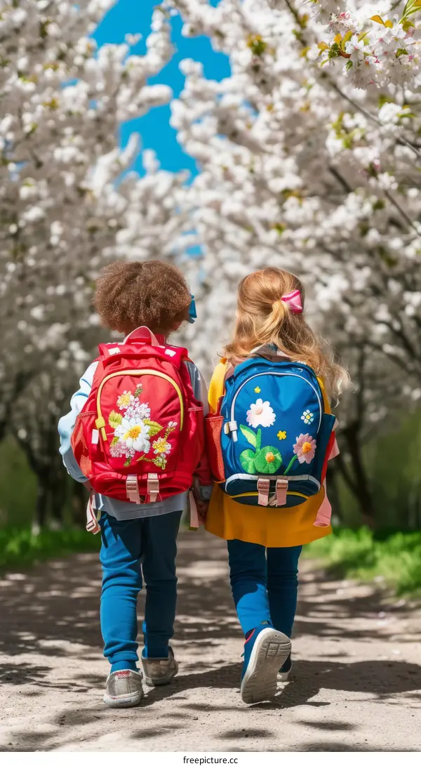 Two young school children with backpacks walk hand-in-hand down a cherry blossom-lined path