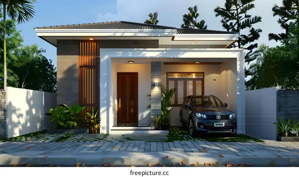 Modern House Exterior Design With Car And Landscaping