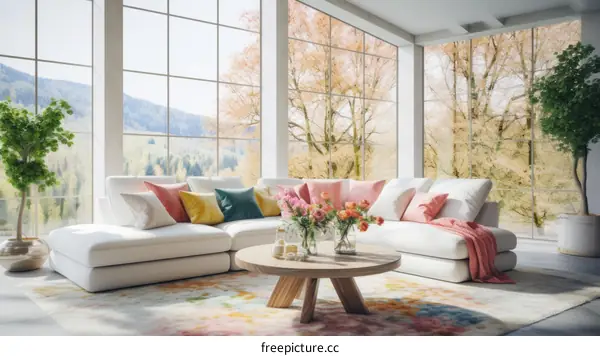 Modern living room interior with large windows and a comfortable sofa