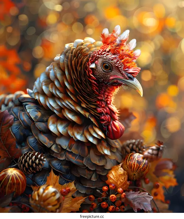 A majestic turkey with vibrant feathers and a proud gaze stands amid a bountiful harvest of pumpkins, gourds, and autumn leaves.