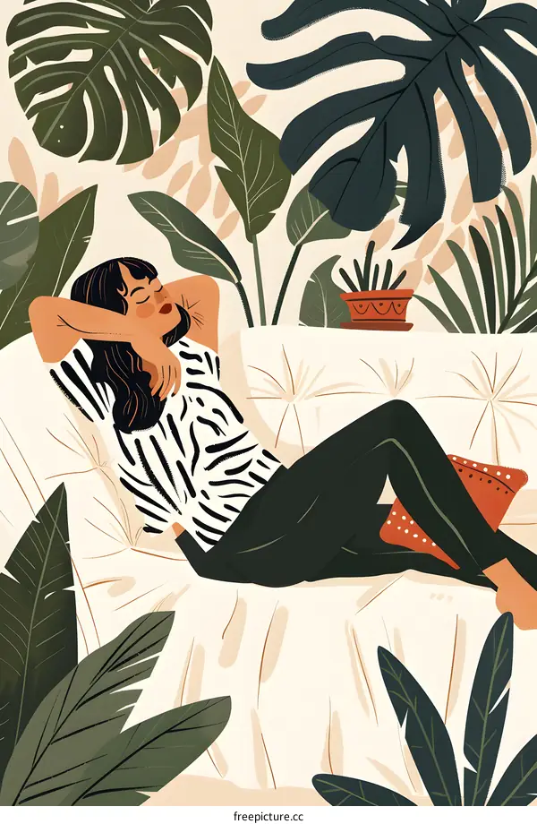 Woman Relaxing on a Sofa Surrounded by Plants