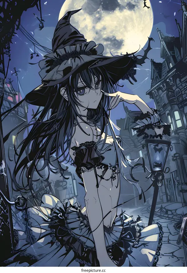 Witch Girl in a Night City with a Full Moon