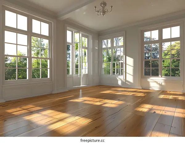 Empty Room with Large Windows and Wooden Floor
