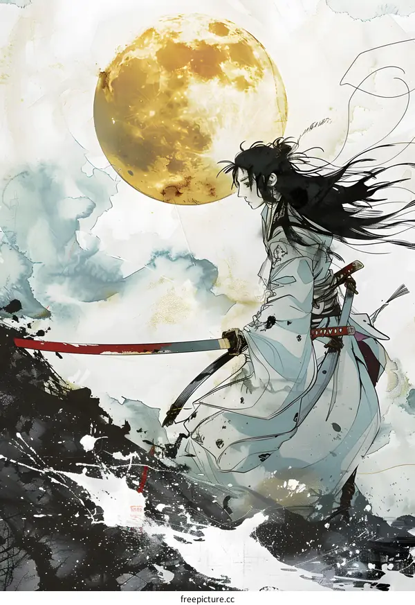 Samurai Warrior Standing with Sword in Hand under the Moonlight