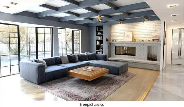 Modern Living Room with Large Windows and Fireplace