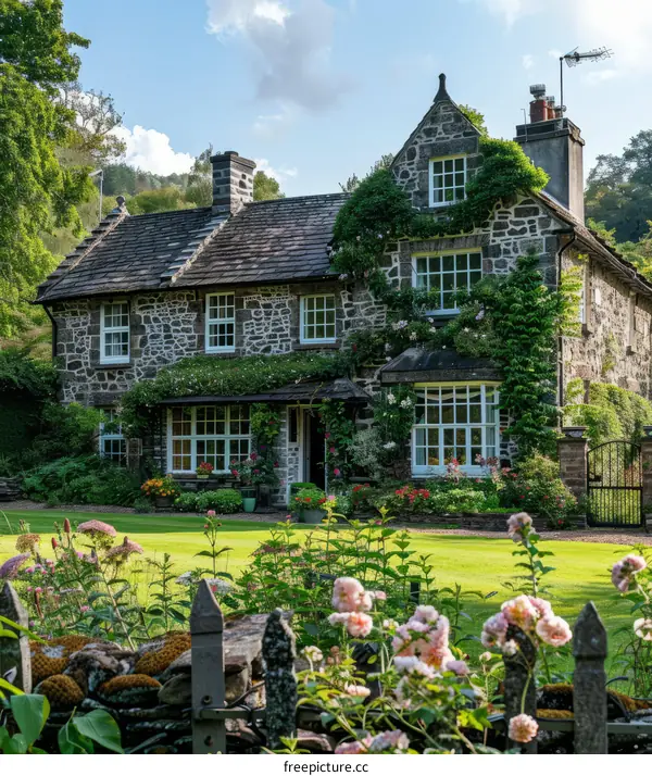 Stone Cottage Framed by Lush Garden
