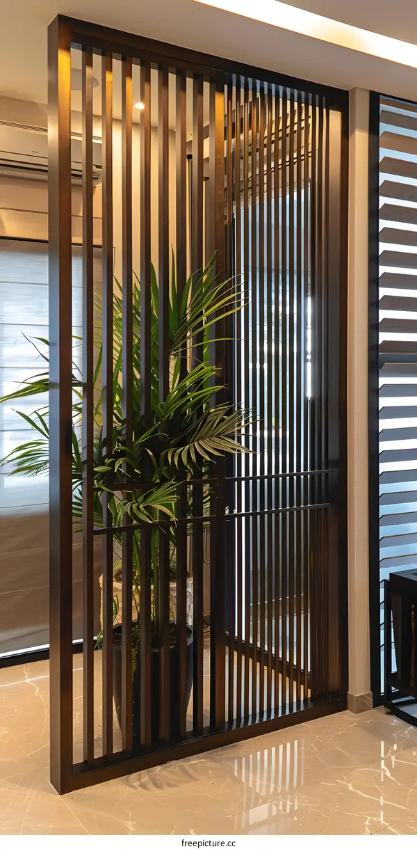 Modern Interior Design with Wooden Room Divider and Plant