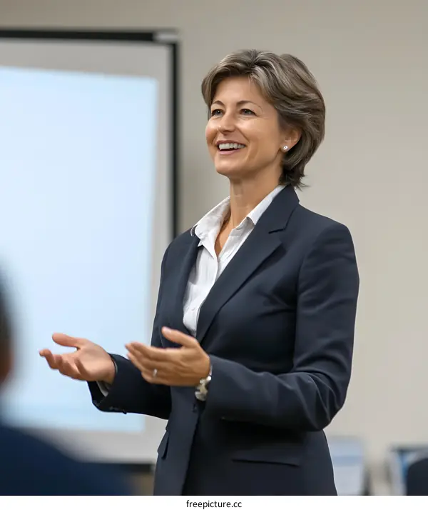 Smiling Woman in a Business Suit Giving a Presentation