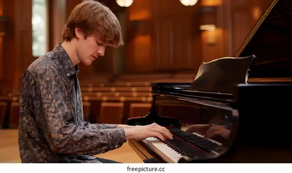 Young Man Playing Piano in a Concert Hall