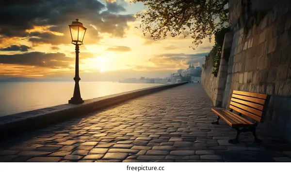Cobblestone Pathway Leading to Sunset and Cityscape