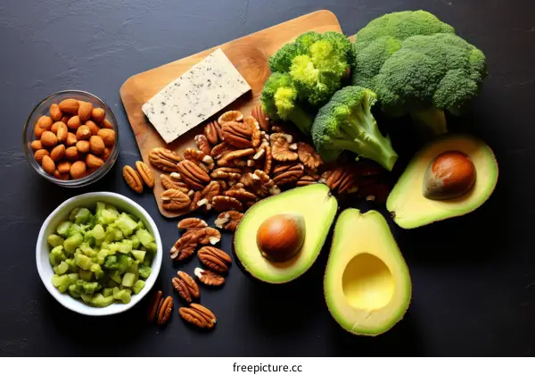 Healthy Food Plate: Broccoli, Avocado, Nuts & Cheese