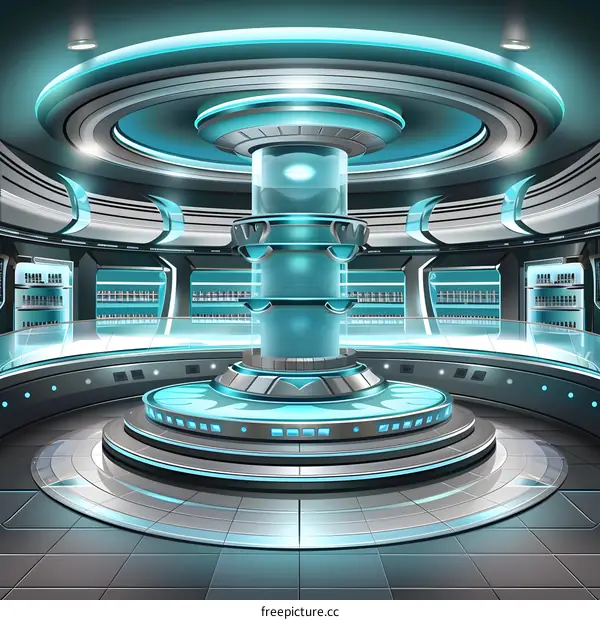 Futuristic Sci-Fi Room Interior Design With Blue Lighting And Circular Platform