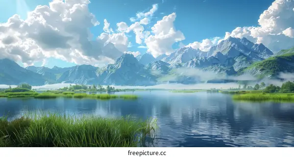 Mountains and Lake Landscape with Green Grass in the Foreground